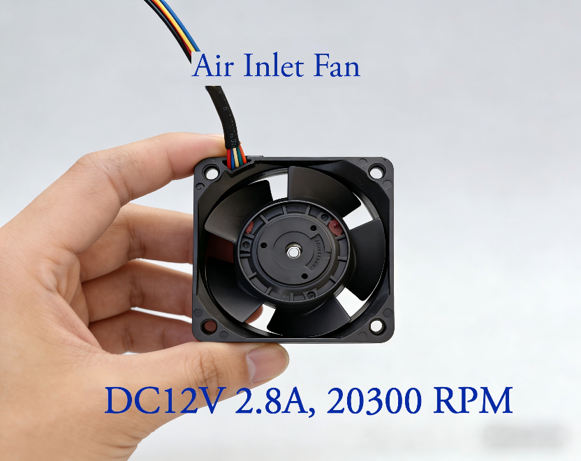 Small air inlet fan held in a hand with specifications displayed on a light gray background