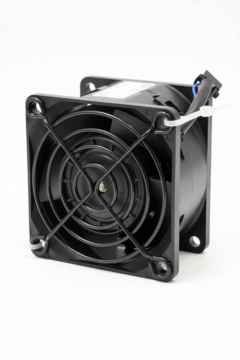 Computer fan on a wooden surface with a blurred background