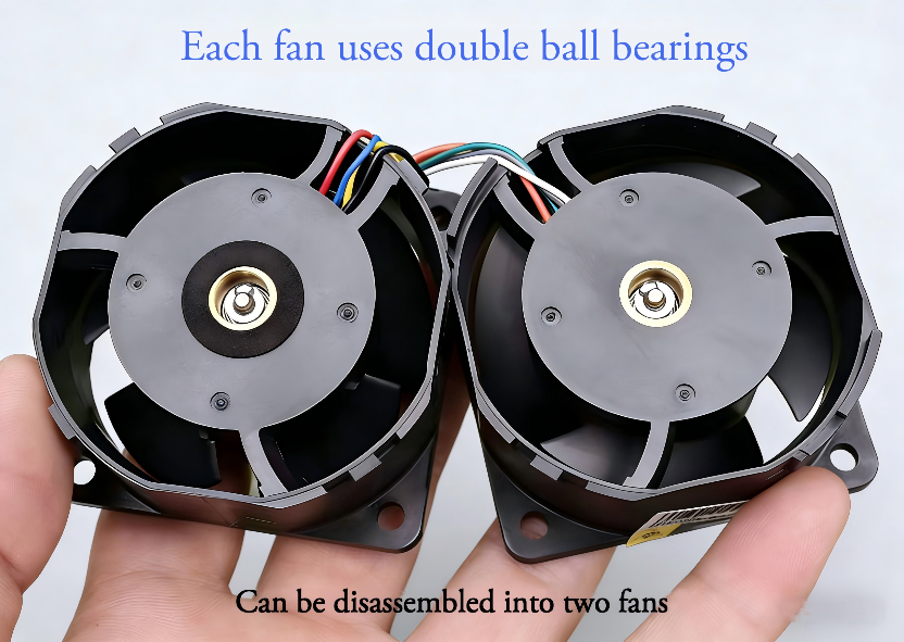 Two fans held together with text about double ball bearings and disassembly.