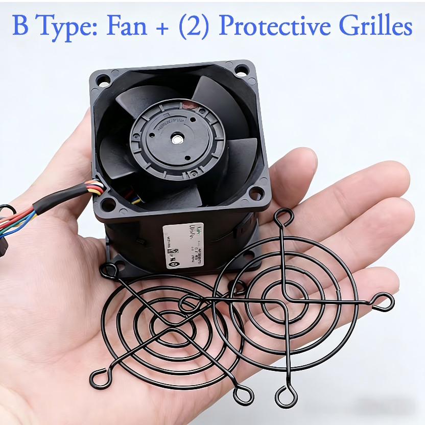 Hand holding a small black fan with two protective grilles on a white background